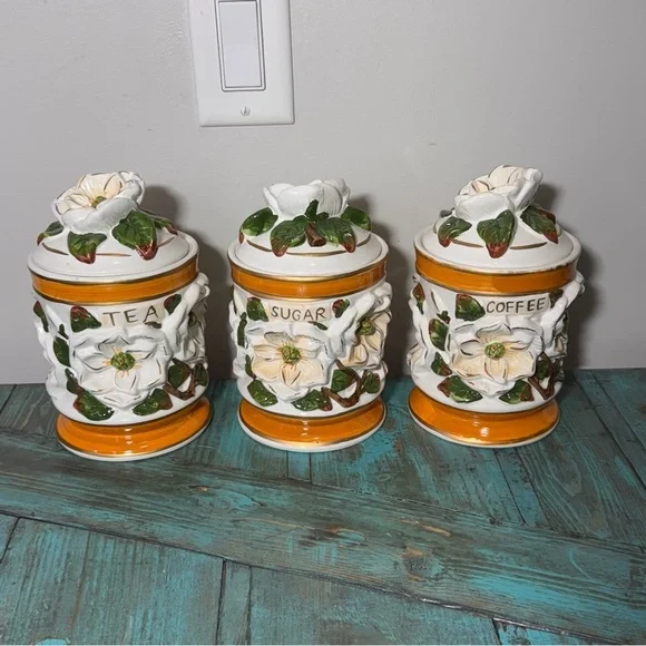 Vintage Floral Ceramic Canister Set-3-D Floral Design Coffee Tea Sugar - Picture 2 of 14
